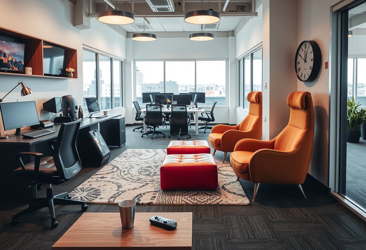 Office perks and benefits at PlayMido including gaming setups and relaxation areas