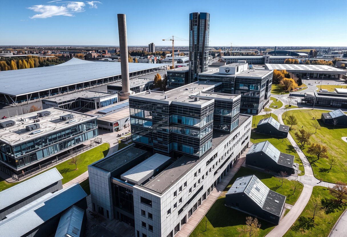 Aerial view of Cologne MediaPark, modern buildings and green spaces