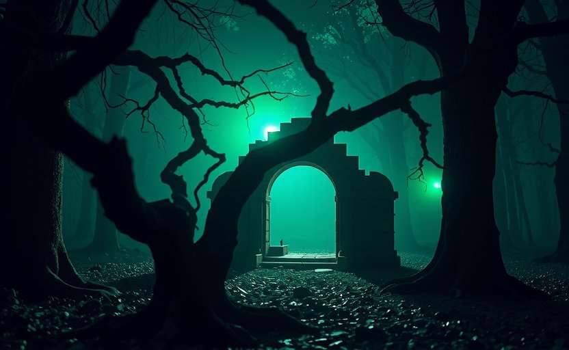 Shadow Realms key art: Mysterious dark fantasy forest