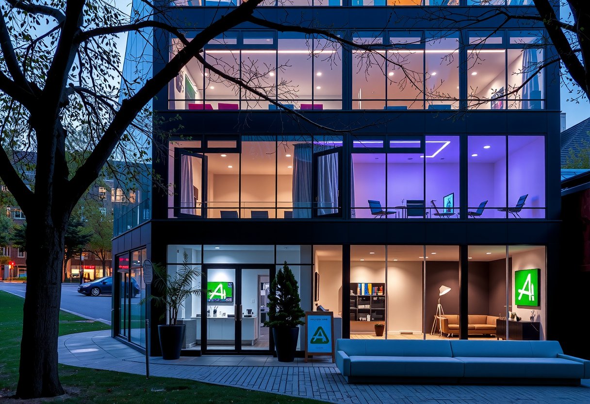 Modern tech studio building in Cologne MediaPark with glass facade